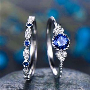 2 Pcs/Set Sterling Silver Luxury Crystal Blue Ring